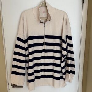 Free People Cream and Black Striped Zip-Up Sweater